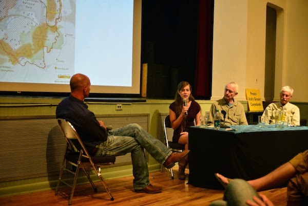 Mathew Gross moderates a panel discussion with Emily Stock. Bill Hedden, and Walt Dabney pn Friday, September 12, 2014 at Moab's Star Hall. Photo: Tim Peterson.